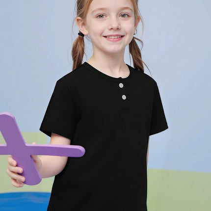 Summer children's solid color fashionable short sleeved button fashion Henry shirt boys and girls casual T-shirt versatile top