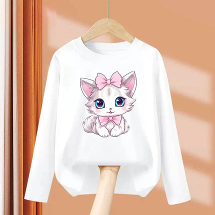 2024 Cute Bow Cat Dress Baby Girl Long Sleeved T-shirt Cartoon Kitty Cotton Tops Girls Spring Leisure Tees 3-14 Age