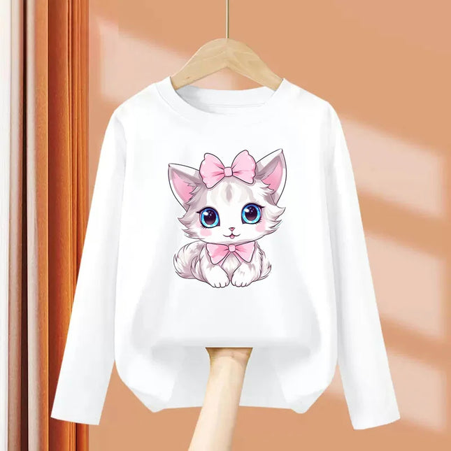 2024 Cute Bow Cat Dress Baby Girl Long Sleeved T-shirt Cartoon Kitty Cotton Tops Girls Spring Leisure Tees 3-14 Age