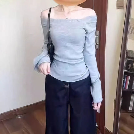 Off-shoulder Long Sleeve T-shirt Women One Shoulder Fitted Basic Plain Tee Shirt Lady Split Casual Top Spring Autumn Winter