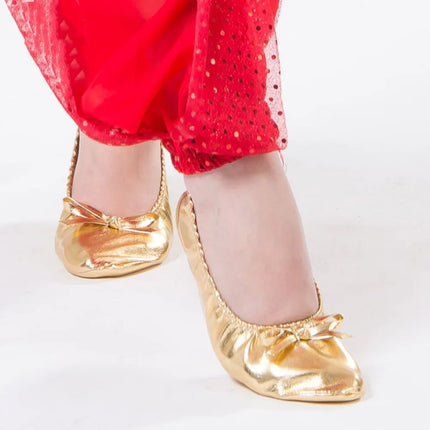 Comfortable Bowknot Belly Dancing Shoes Leather Golden Indian Dance Shoes Foldable Round Toe Foldable Ballet Flats Ladies