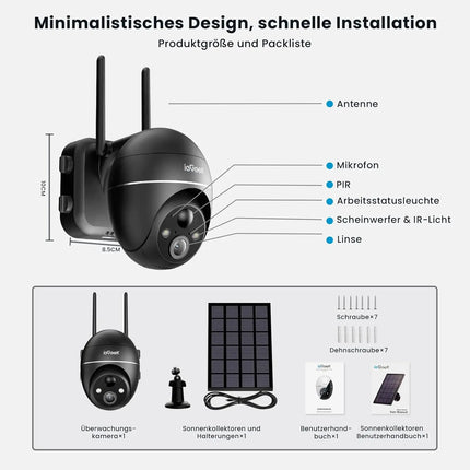 ieGeek 5MP outdoor surveillance camera battery, PTZ surveillance camera outdoor WLAN with solar panel, PIR motion detector, 2.4G