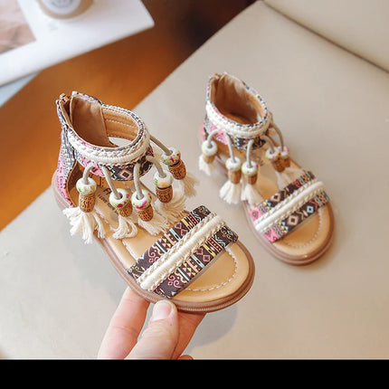 Girls Sandals Ethnic Retro Children Fashion Casual Shoes Tassels 2024 Back Zipper Summer New Sandals Kids Pattern GLADIATOR Cute
