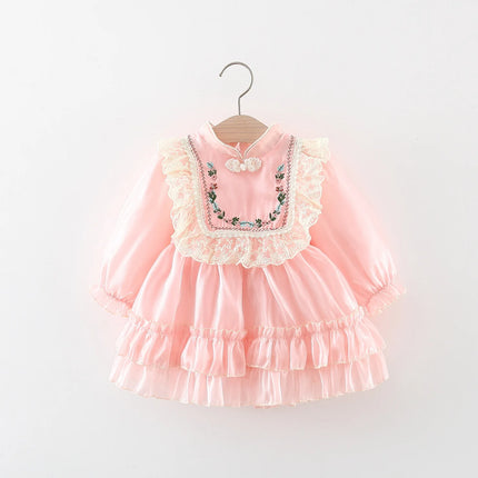 Girls' Autumn Long sleeved Lace Lace Princess Dress with Embroidered Pan Button Chinese Style Baby Dress
