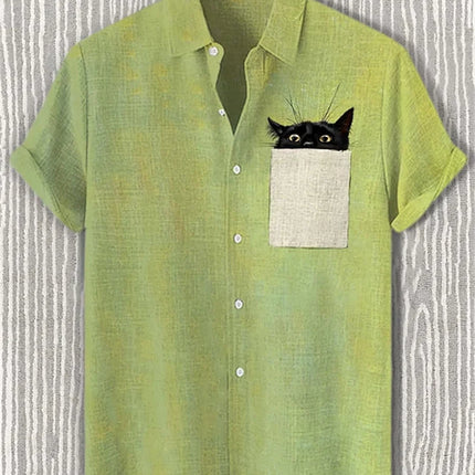 Men's blue and white color-blocked short-sleeved shirt with black cat print, collared casual outdoor vacation Hawaiian shirt.