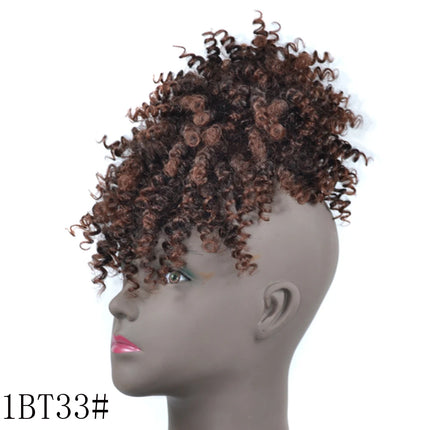Afro Puff Updo Hair with Bangs Drawstring Ponytail Black Kinky Curly Ponytail Bun with Bangs Synthetic Hairpiece For Women