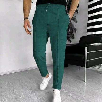 Men Waffle Knit Slim Fit Pants Drawstring Trousers With Pockets Stylish Design Spring Autumn Outdoor Travel Daily Street Wear