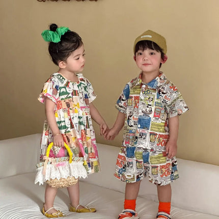 RAISE Children Summer Shirts Outfits Boys Vacation Suit 2026 Kids Girls Print Dress Brother Sister Outfits Siblings Matching Set