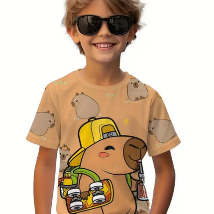 Cute Capybara Boy Clothes Cartoon Graphic Short Sleeve Tee Boy Child T-Shirt Summer Loose Top Fashion Kids Clothes Boys Clothing
