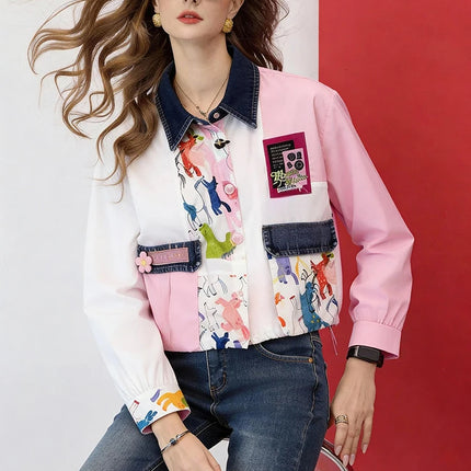 Women Cropped Shirt Denim Patchwork Printed Blouse Loose Fit Casual Spring Fall Shirt Top