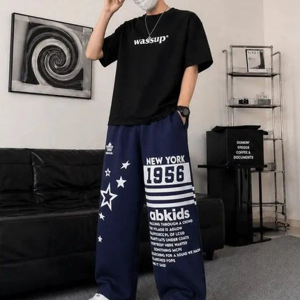 Men's Retro Letter Star Print Casual Pants Cool Boy Summer Bottom Wide Legs Sweatpants Male High Waist Unisex Baggy Y2k Trousers