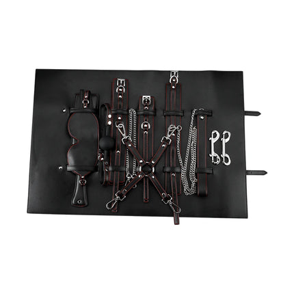 XXOO Erotic Tied Bondage Kits Sex Slave Restraint Set Ankle Cuffs Handcuff Collar Gag Whip Blindfold Genuine Leather Suit