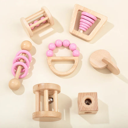 Montessori Wooden Toys Colorful Baby Rattle Set Safe Food Grade Wood Rattle Soother Bracelet  Set Toddler Toy Bell Gift