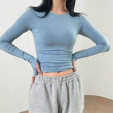 Women Casual Slim Fit Long Sleeve O-Neck T-shirts Tops Spring Fall Solid Color Tees with Thumb Holes Streetwear