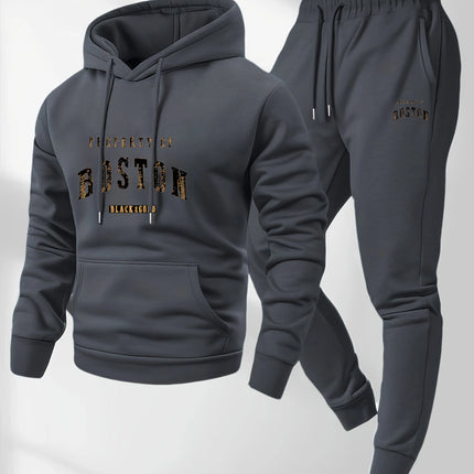 Men's Boston print hooded sweatshirt and sweatpants soft and comfortable thin warm sweatpants set autumn and winter