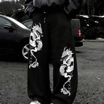 Men's Harajuku Dual Side Ink Dragon Japanese Katakana Print Wide Leg Sweatpants Drawstring Soft Asian Street Loose Trousers