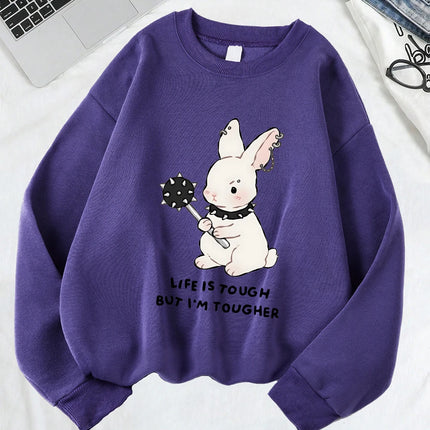 Cute Punk Style Rabbit Printing Sweatshirts Women Soft Fleece Warm Hoodie Winter Loose Pullover Casual Crewneck Woman Clothes
