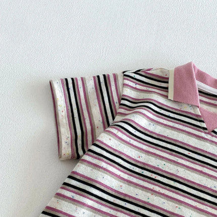2026 Summer 6M-5Y Korean Style Childrens Clothes Contracting Color Stripe Girls Shirt Cartoon Embroidery Polo Shirt