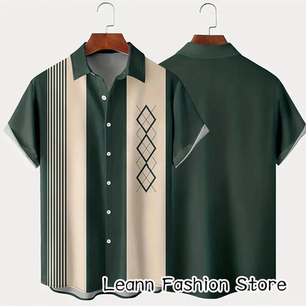 Men's Summer Poker Symbol Stripe Print Shirt Casual Beach Short Sleeve Clothing Male Button Lapel Collar Shirt Fashion Leisurewear