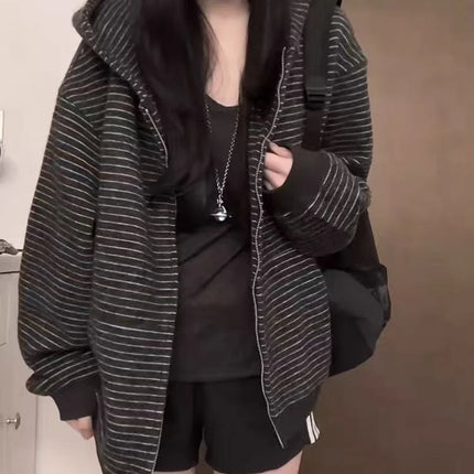 2000S American Vintage Striped Loose Long Sleeve Hooded Sweatshirt Y2k Subculture Casual Zip Up Hooded Cardigan Harajuku Coats