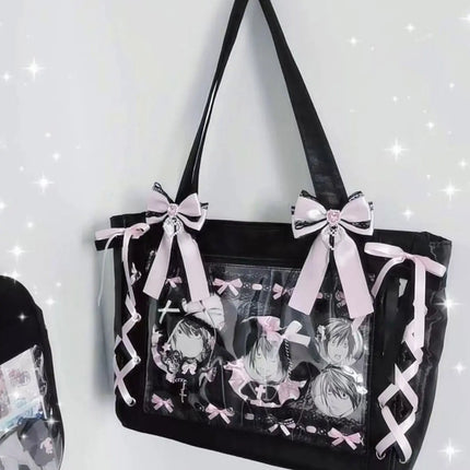New Japanese Sweet Girl Ulzzang Ita Bag Ribbon Cute Handbag for Women Large Capacity Transparent DIY Badge One-shoulder Tote Bag