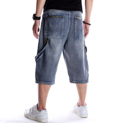 Multi pocket European and American skateboarding pants with fat and plus size hip-hop denim shorts for men, trendy cropped pants