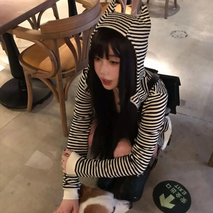 Vintage Sexy Stripe Loose Harajuku Devil's Cape Hooded Hoodies Women Diamond Hoody Y2k Aesthetic Grunge Zipper Sweatshirt Tops