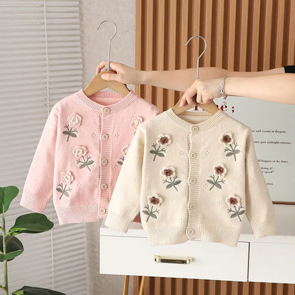 Girls Sweater 2025 New Flowers Cardigan Baby's Fashionable Spring Autumn Knitwear Warm Embroidery Children Knitted Coats IY06091