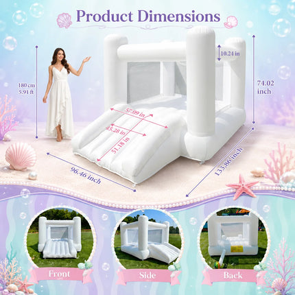 Large Family Size 12FT Inflatable White Bounce House Oxford Bouncy Castle with round Top And Wide Slide for Indoor Outdoor Parties Kids Adults Weddings Birthday Events