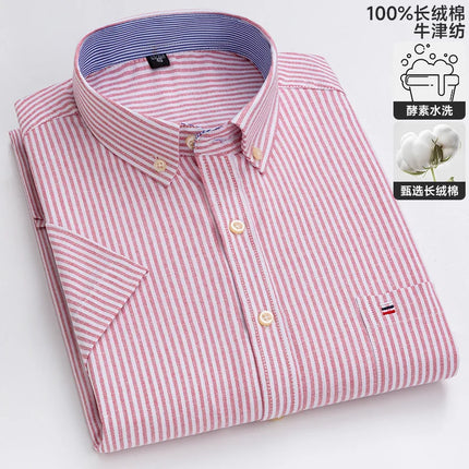 New 100% Cotton Oxford Men's Shirts Short Sleeve Plaid Soft Regular Fit Formal Dress Shirt Social Blouse Male Clothes 6XL 7XL
