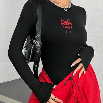 Women Spider Print Round Neck Long Sleeve Crop Tee Top Autumn Winter Spring Y2K Clothes Slim fit T-shirt