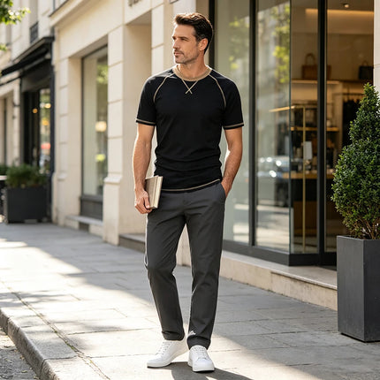 2026 New Men Contrast Stitch Raglan Sleeve T Shirt Slim Fit Soft Breathable Crew Neck Daily Casual Summer Short Sleeve Tees