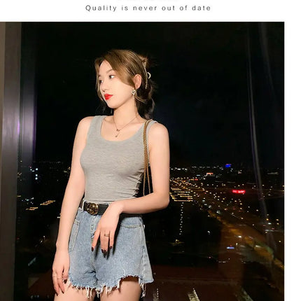 Summer 2026 Slim Fit Elastic Ribbed Cotton Knitted Vest Women's Base Layer Tank Top Anti-Light Inner Wear Straight Cut Regula...