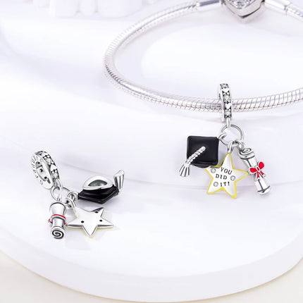 100% 925 Sterling Silver Graduation Season Series Owl Bachelor's Hat Charms Beads Fit 3mm 925 Original Bracelets DIY Jewelry