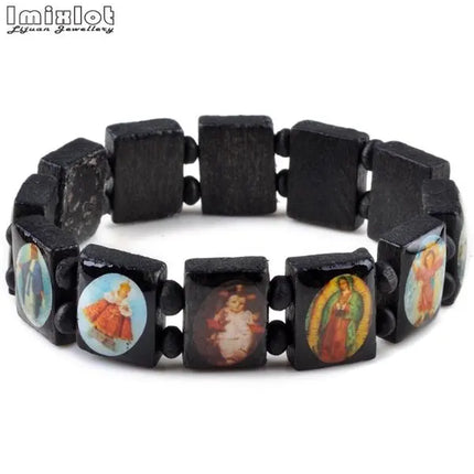 Wooden Rosary Jesus Bracelet Elastic Coloured Beads Catholic Bangle Picture Of Religious Saints Holy Gods Devotion Bracelet