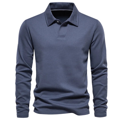 New men's long-sleeve cotton polo, embroidered, sport collar, trendy & versatile.