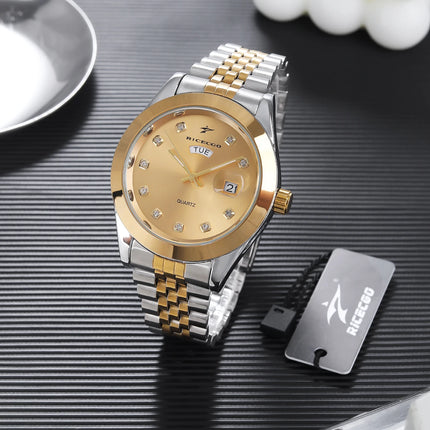 Men's quartz wristwatch with color blocked metal strap, diamond inlaid dial, dual calendar display design, light luxury texture,