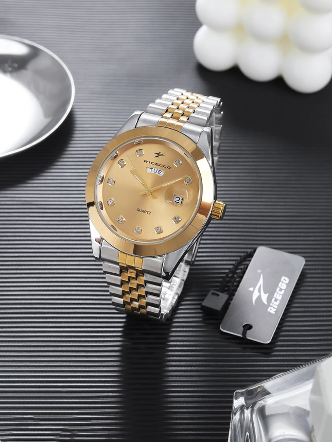 Men's quartz wristwatch with color blocked metal strap, diamond inlaid dial, dual calendar display design, light luxury texture,