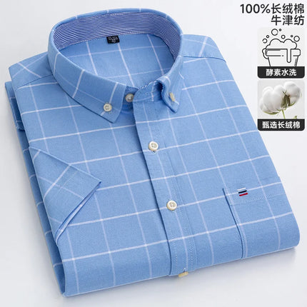 New 100% Cotton Oxford Men's Shirts Short Sleeve Plaid Soft Regular Fit Formal Dress Shirt Social Blouse Male Clothes 6XL 7XL