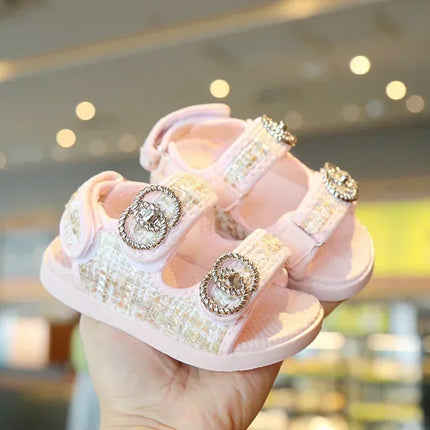 2025 Korean Style Sweet Style Sandals Summer Solid Color Girls Baby Sandals Open Toe Small PU Slipper Shoes Size 21-35