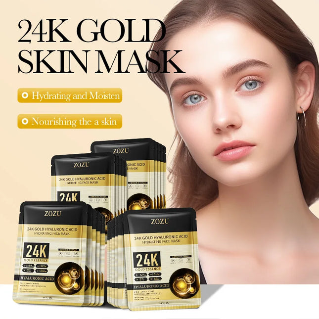 10pcs 24K Golden Hyaluronic Acid Face Mask Facial Skincare Firming Moisturizing Hydrating Facial Masks Skin Care Products