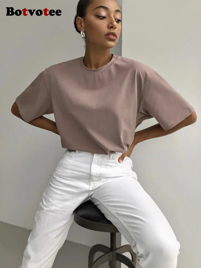 Botvotee 21 Colors Ins Fashion Summer Oversized Basic Solid T-Shirts for Women 100% Cotton White Black Pink T-shirt Casual Tops