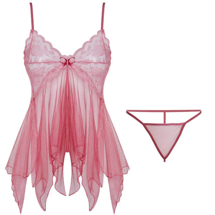 Women Lace Babydoll Lingerie Set Spaghetti Strap Sheer Nightwear Irregular Hem With Panties Sheer Floral Erotic Hot Sexy Costume