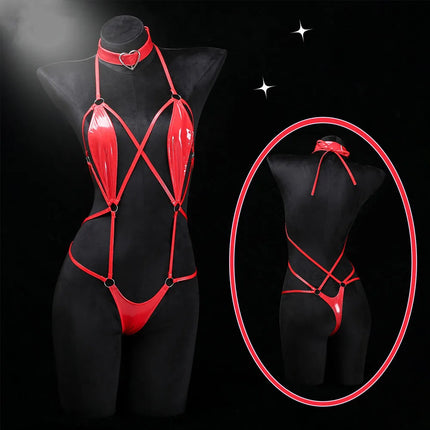 Women Patent Leather Harness Lingerie with Heart Choker Open Back Crotch less Erotic Bodysuit Intimate Club wear for Night Party