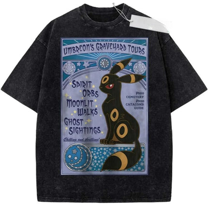 T Shirt Sports T Shirt Short Sleeve T Shirt Black Unisex Pure Cotton Washed Vintage Pokemon Anime Espeon Print
