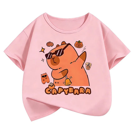 Summer Spring Cute Capybara Print Round Neck Short Sleeved Tee Shirt for Boys and Girls Fashionable Simple Children's T-shirt