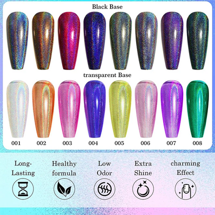 Holographic Nail Polish with Rainbow Glitter - 7ml Laser Chrome Nail Lacquer, Multicolor Shift Effect, 8color DIY Art Nail Salon