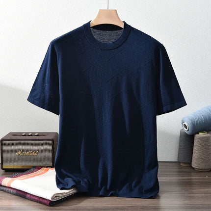 85% Silk + 15% Cashmere Men's T-shirt Casual Solid Color Knitted Pullover Short-Sleeved Round Neck Tees Basic Tops