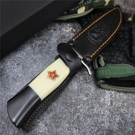 Russia Survival Fixed Blade Knife with Leather 440C Blade Resin Handle Survival Hunting Outdoor Knife Multi-Purpose Cutting Tool