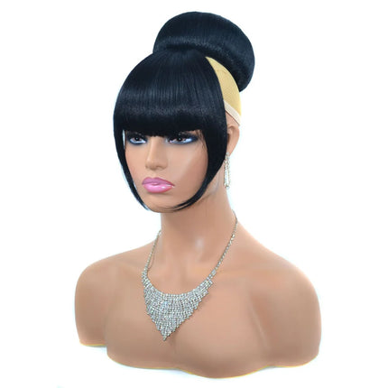 Jeedou Synthetic Hairpieces Spherical Updos Chignon With Bangs Clip In Hair Bun Pad Donut Rubber Band Black Color